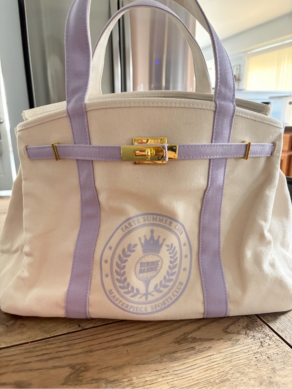 Tarte Canvas Tote Bag with Lavender Accents and Gold Hardware